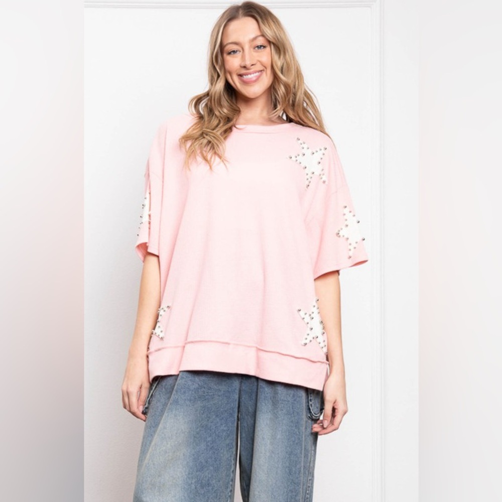 BV06  Bluevelvet Oversized Pink Star-Studded Women’s Top